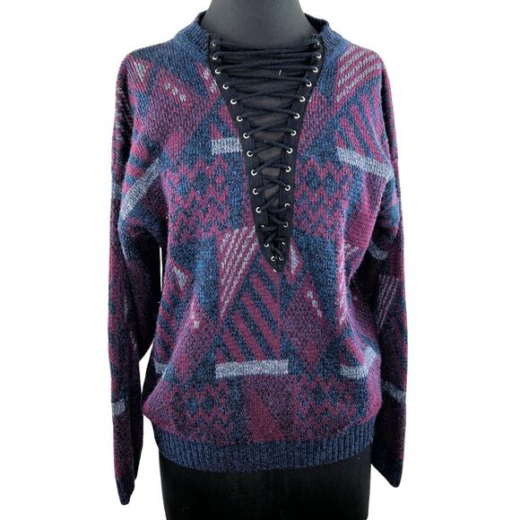 Furst of a Kind Purple Blue Abstract Geo Lace-Up Sweater Long Sleeve Top L XL - Picture 1 of 7